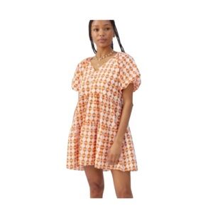 Urban Outfitters Glamorous Geometric Puff Sleeve Tiered Mini Dress Size L